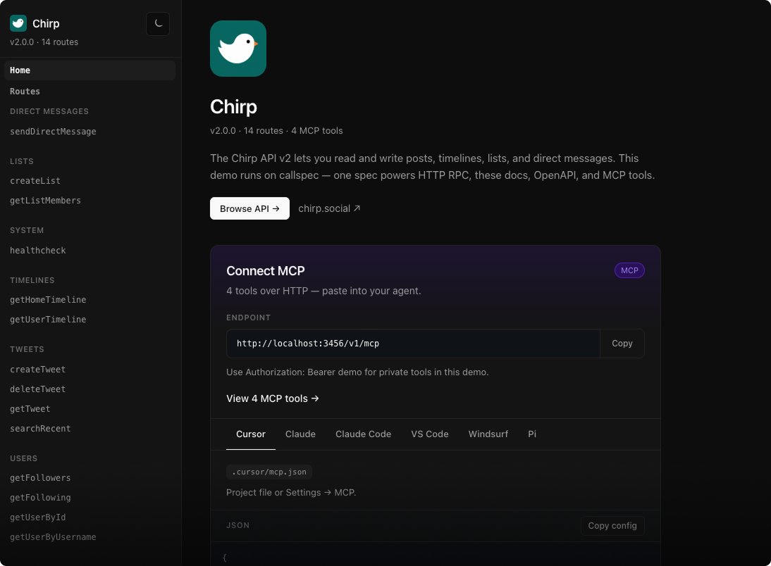 Chirp docs UI — routes sidebar, Connect MCP panel, Cursor MCP config