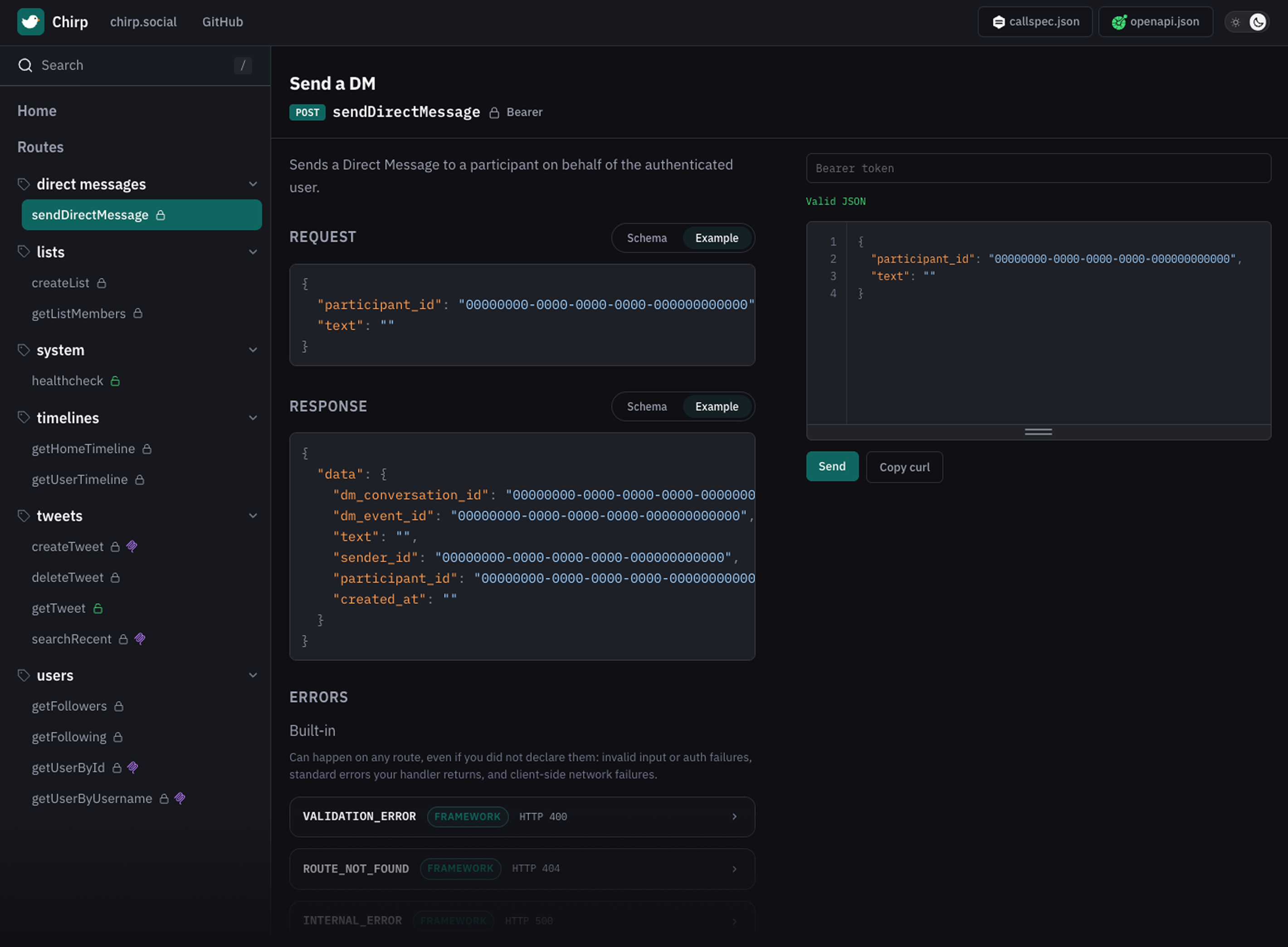 Chirp docs UI — routes sidebar, Connect MCP panel, Cursor MCP config